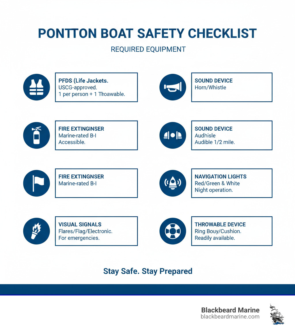 Detailed pontoon boat safety equipment checklist showing required PFDs, fire extinguisher, visual signals, sound device, navigation lights, and throwable flotation device with icons and brief descriptions for each item - Pontoon boat safety equipment infographic 