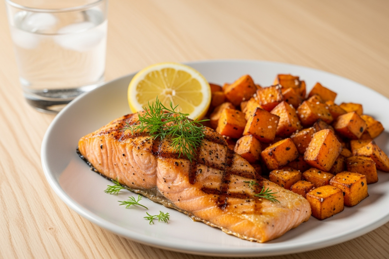 post-workout meal with salmon, sweet potatoes, and a glass of water - muscle soreness remedy post-workout meal with salmon, sweet potatoes, and a glass of water - muscle soreness remedy