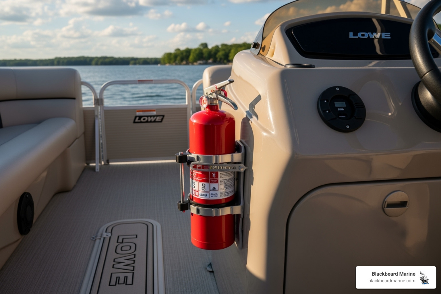 A marine fire extinguisher properly mounted and easily accessible on a Lowe pontoon boat - Pontoon boat safety equipment