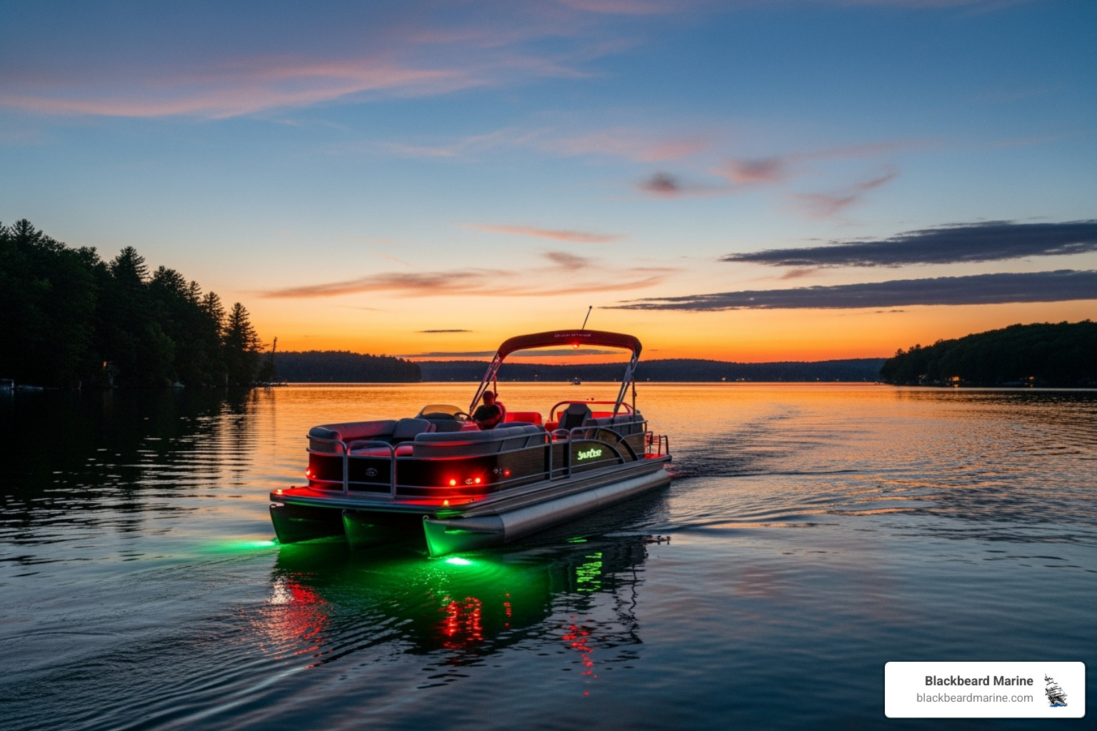 Pontoon navigation lights glowing at dusk on a Suncatcher pontoon boat, with a scenic lake background - Pontoon boat safety equipment
