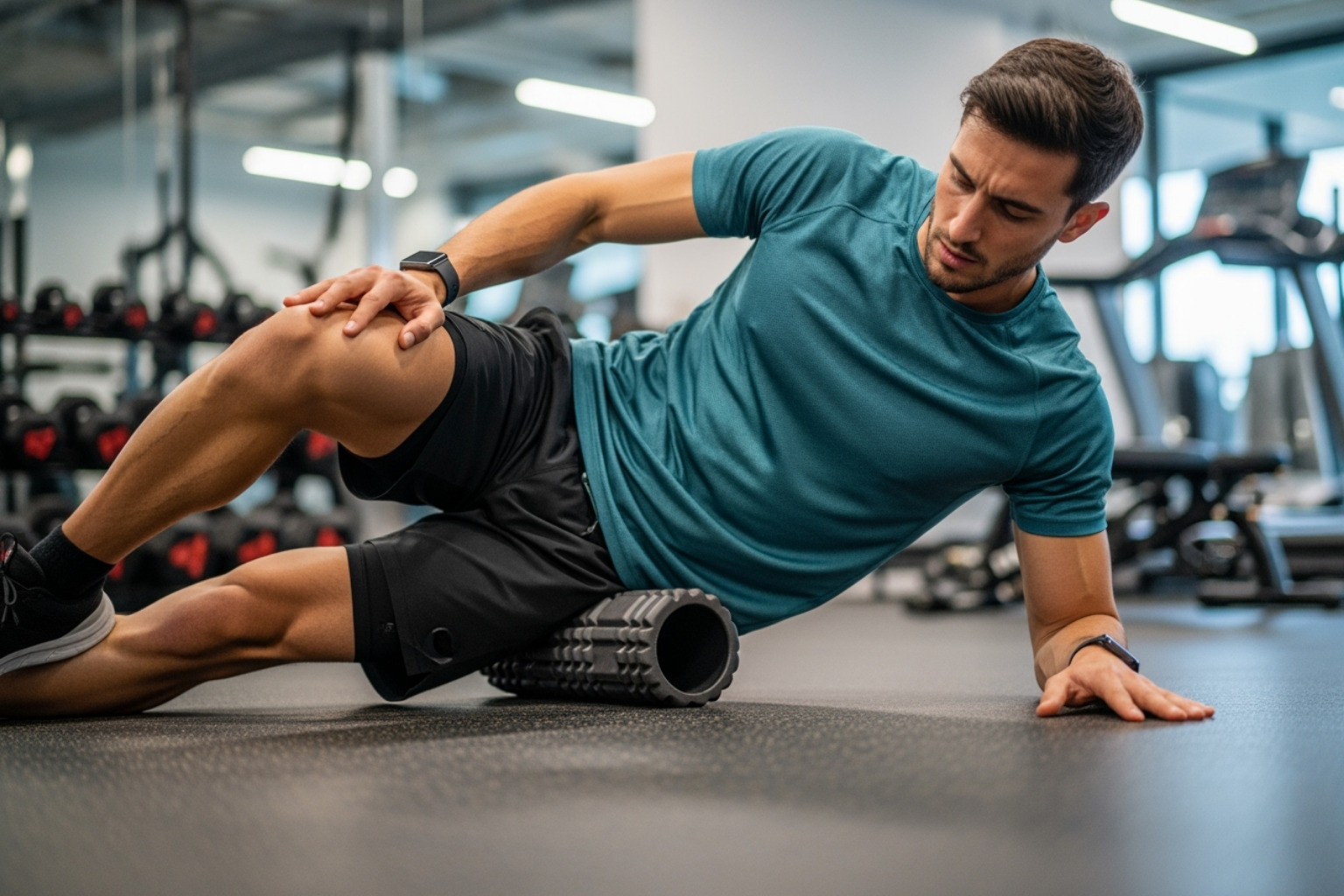 person using foam roller on thigh - muscle soreness remedy person using foam roller on thigh - muscle soreness remedy