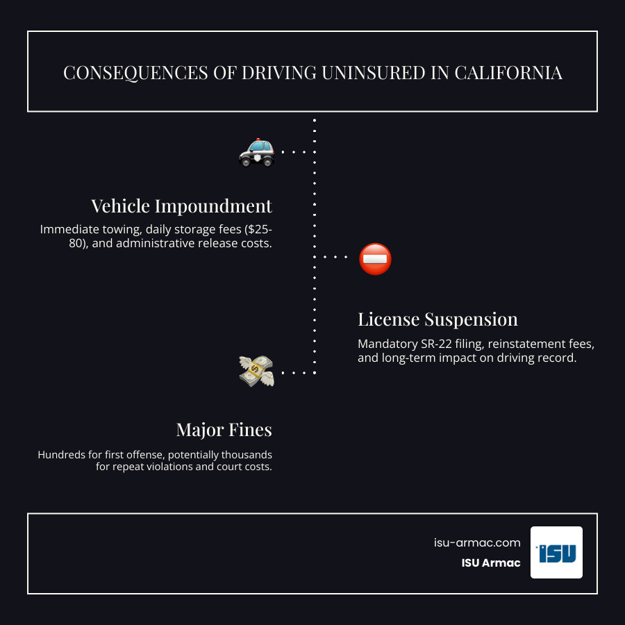 Infographic showing three major consequences of driving without insurance in California: 1) Vehicle Impoundment - immediate towing with daily storage fees of $25-80, 2) License Suspension - requiring SR-22 filing and reinstatement fees, 3) Major Fines - starting at several hundred dollars for first offense, escalating to thousands for repeat violations - can your car be towed for no insurance infographic infographic-line-3-steps-dark