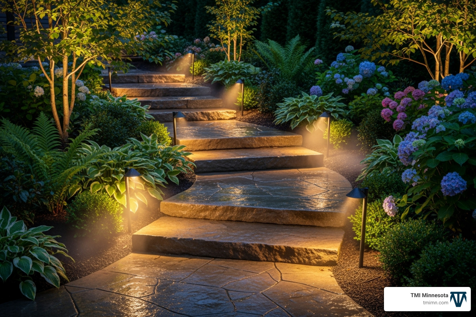 A well-lit stone pathway and steps at night - backyard lighting ideas