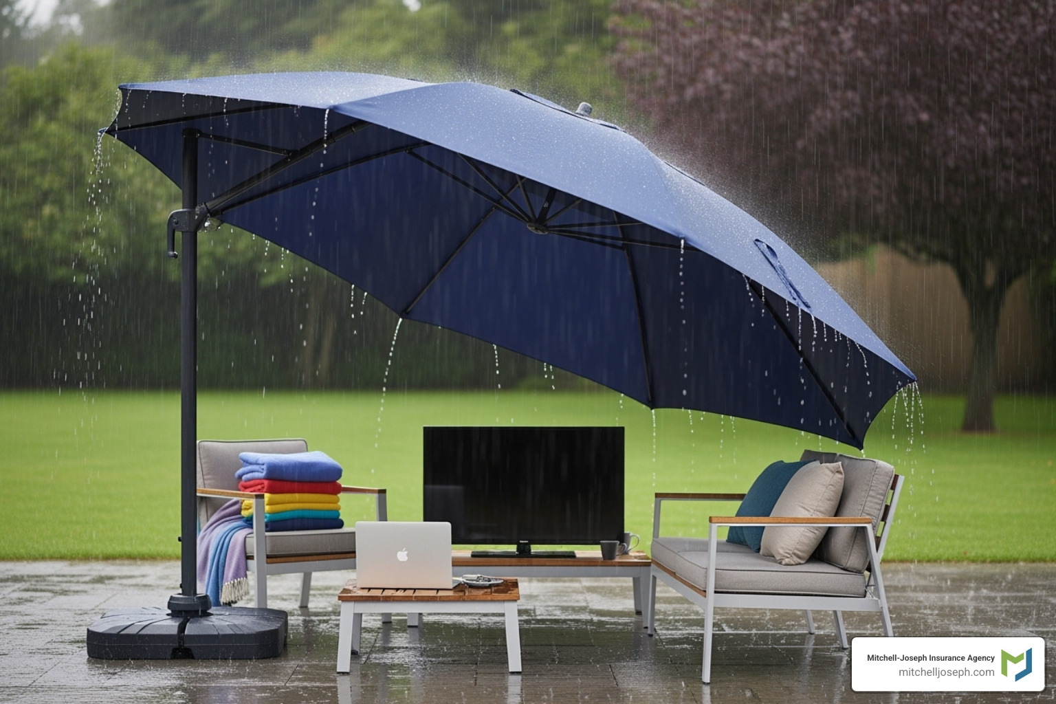 umbrella labeled "Renters Insurance" shielding personal belongings from rain - Renters insurance average premium