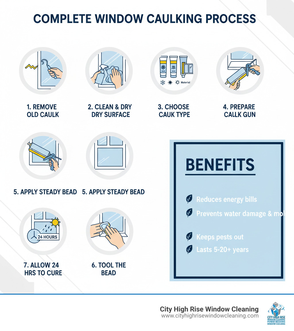 Infographic showing the complete window caulking process: Step 1 - Remove all old caulk with a removal tool, Step 2 - Clean surface thoroughly with rubbing alcohol and let dry completely, Step 3 - Choose the right caulk type for your climate and window material, Step 4 - Cut tube tip at 45-degree angle and load caulking gun, Step 5 - Apply steady bead at consistent angle filling the joint, Step 6 - Tool the bead immediately with wet finger to create smooth seal, Step 7 - Allow 24 hours to cure before exposing to elements. Benefits callout box: Reduces energy bills by sealing leaks, prevents water damage and mold growth, keeps pests out, lasts 5-20+ years depending on material type. - window caulking infographic Infographic showing the complete window caulking process: Step 1 - Remove all old caulk with a removal tool, Step 2 - Clean surface thoroughly with rubbing alcohol and let dry completely, Step 3 - Choose the right caulk type for your climate and window material, Step 4 - Cut tube tip at 45-degree angle and load caulking gun, Step 5 - Apply steady bead at consistent angle filling the joint, Step 6 - Tool the bead immediately with wet finger to create smooth seal, Step 7 - Allow 24 hours to cure before exposing to elements. Benefits callout box: Reduces energy bills by sealing leaks, prevents water damage and mold growth, keeps pests out, lasts 5-20+ years depending on material type. - window caulking infographic