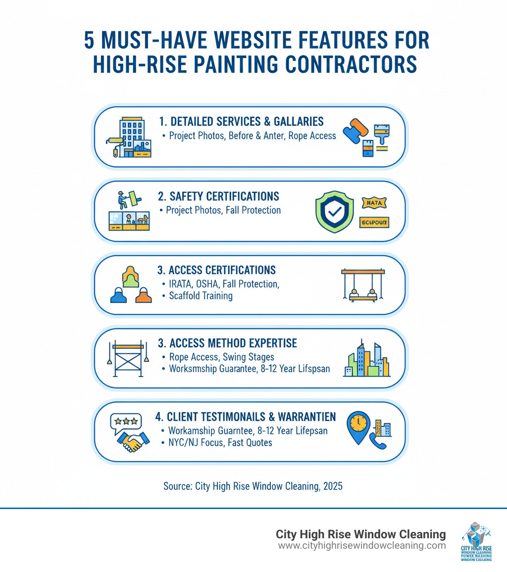 Infographic showing 5 must-have website features for high-rise painting contractors: 1) Detailed service pages with project galleries, 2) Safety certifications (IRATA, OSHA, fall protection), 3) Access method expertise (rope access, swing stages, scaffolding), 4) Client testimonials and workmanship warranties, 5) Local experience with 24/7 consultation availability - high-rise painting infographic Infographic showing 5 must-have website features for high-rise painting contractors: 1) Detailed service pages with project galleries, 2) Safety certifications (IRATA, OSHA, fall protection), 3) Access method expertise (rope access, swing stages, scaffolding), 4) Client testimonials and workmanship warranties, 5) Local experience with 24/7 consultation availability - high-rise painting infographic