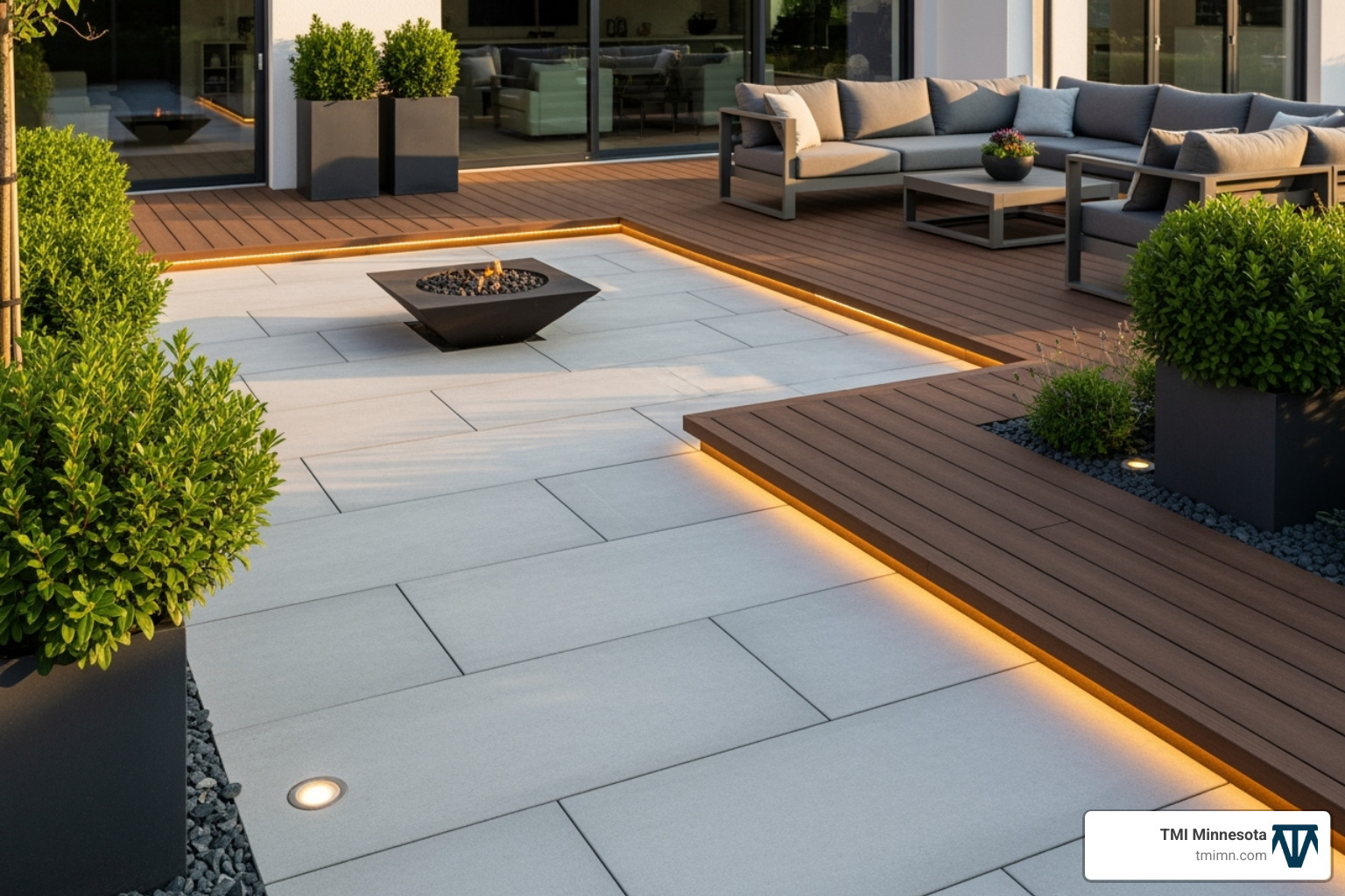 A sleek patio featuring large-format concrete pavers complemented by a rich composite deck, showcasing the blend of modern materials for a sophisticated outdoor living area. - modern outdoor design ideas