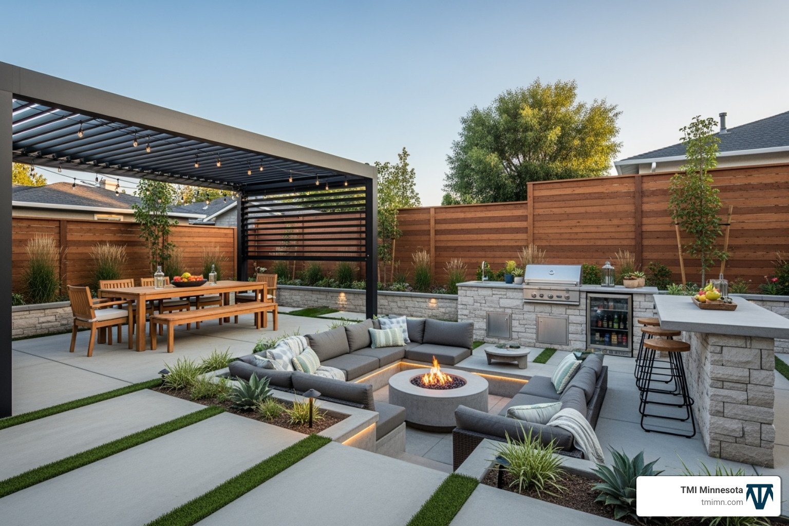 A beautifully designed backyard featuring distinct zones: a chic dining area under a modern pergola, a comfortable lounge area centered around a fire pit, and a fully equipped outdoor kitchen, all seamlessly integrated for ultimate outdoor living. - modern outdoor design ideas