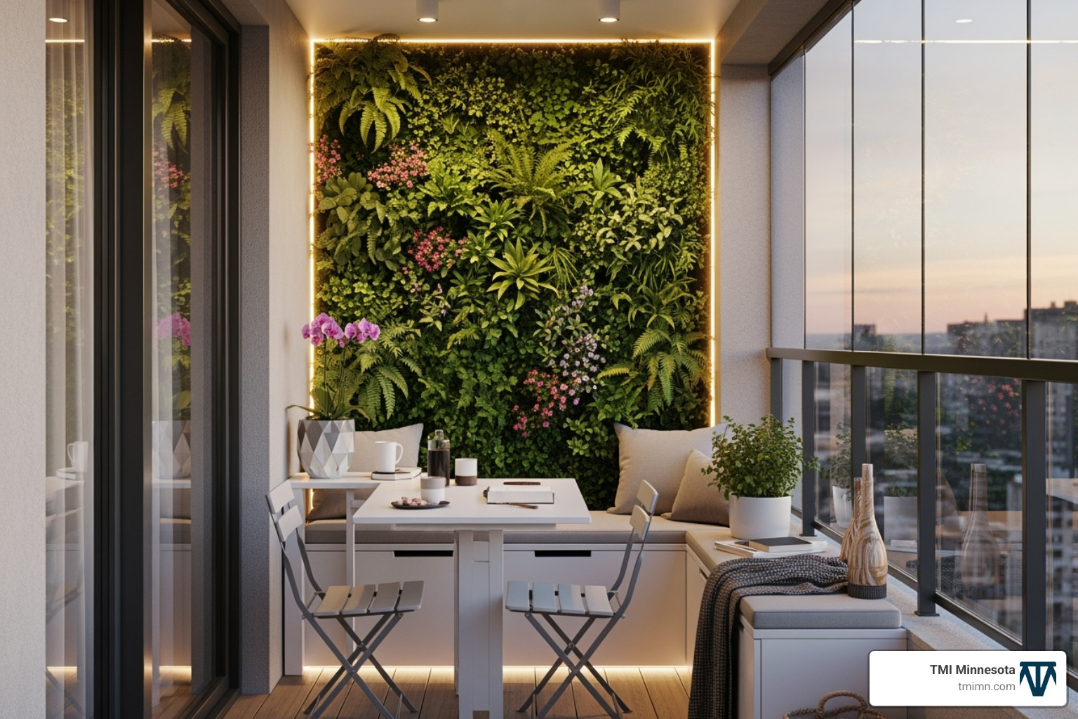 A chic small balcony transformed into a modern oasis, featuring sleek multi-functional furniture, a vibrant vertical garden, and smart lighting, maximizing every inch of space. - modern outdoor design ideas