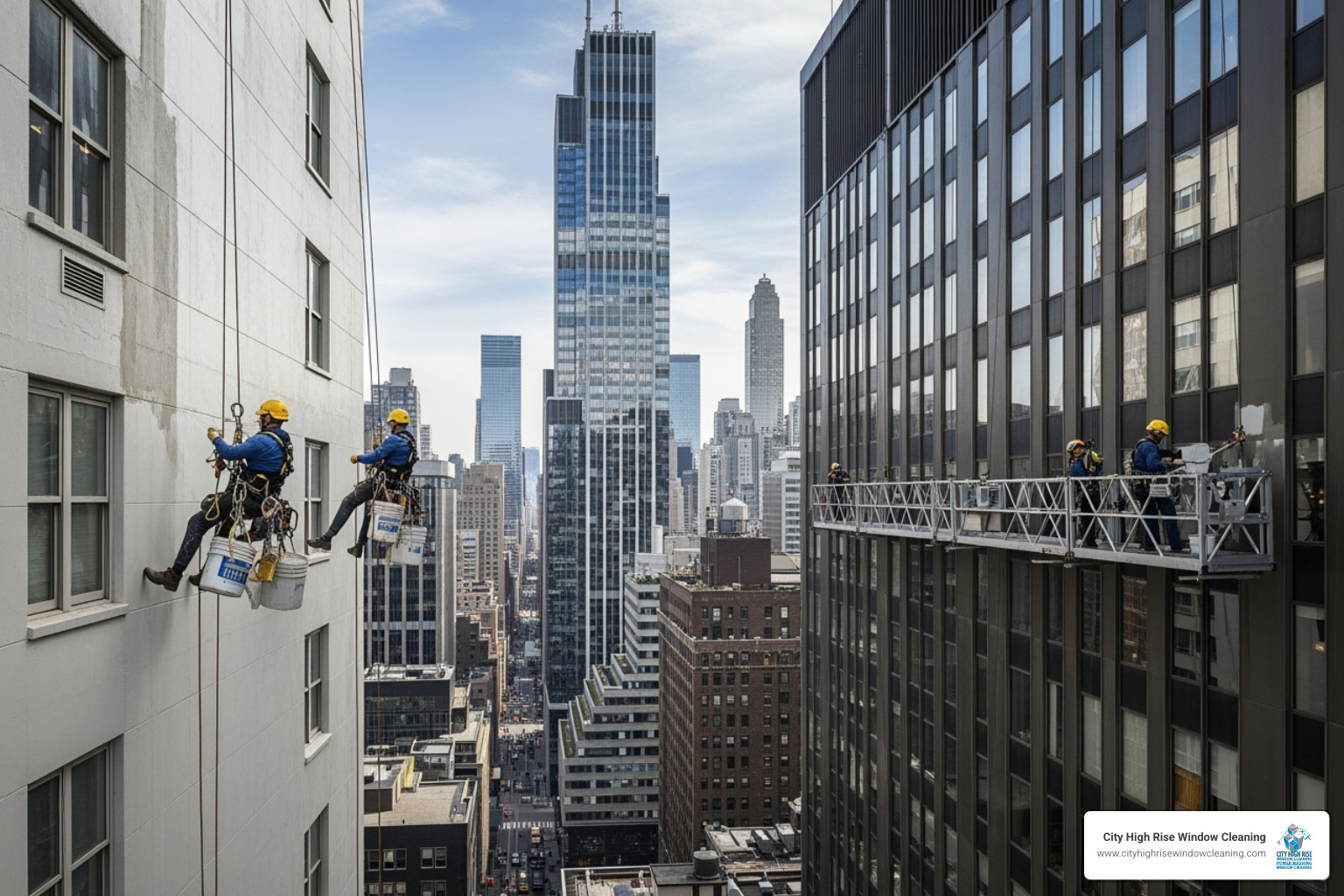 Comparison of rope access vs. swing stage scaffold. Alt text: "High-rise painting access methods NYC." - high-rise painting Comparison of rope access vs. swing stage scaffold. Alt text: "High-rise painting access methods NYC." - high-rise painting