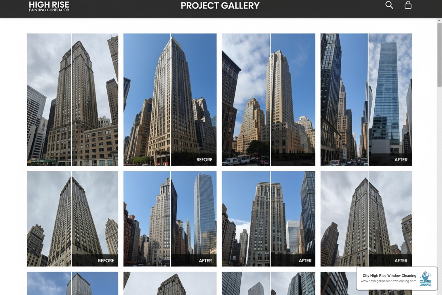 Screenshot of a project gallery from City High Rise Window Cleaning's website. Alt text: "High-rise painting project gallery NYC." - high-rise painting Screenshot of a project gallery from City High Rise Window Cleaning's website. Alt text: "High-rise painting project gallery NYC." - high-rise painting