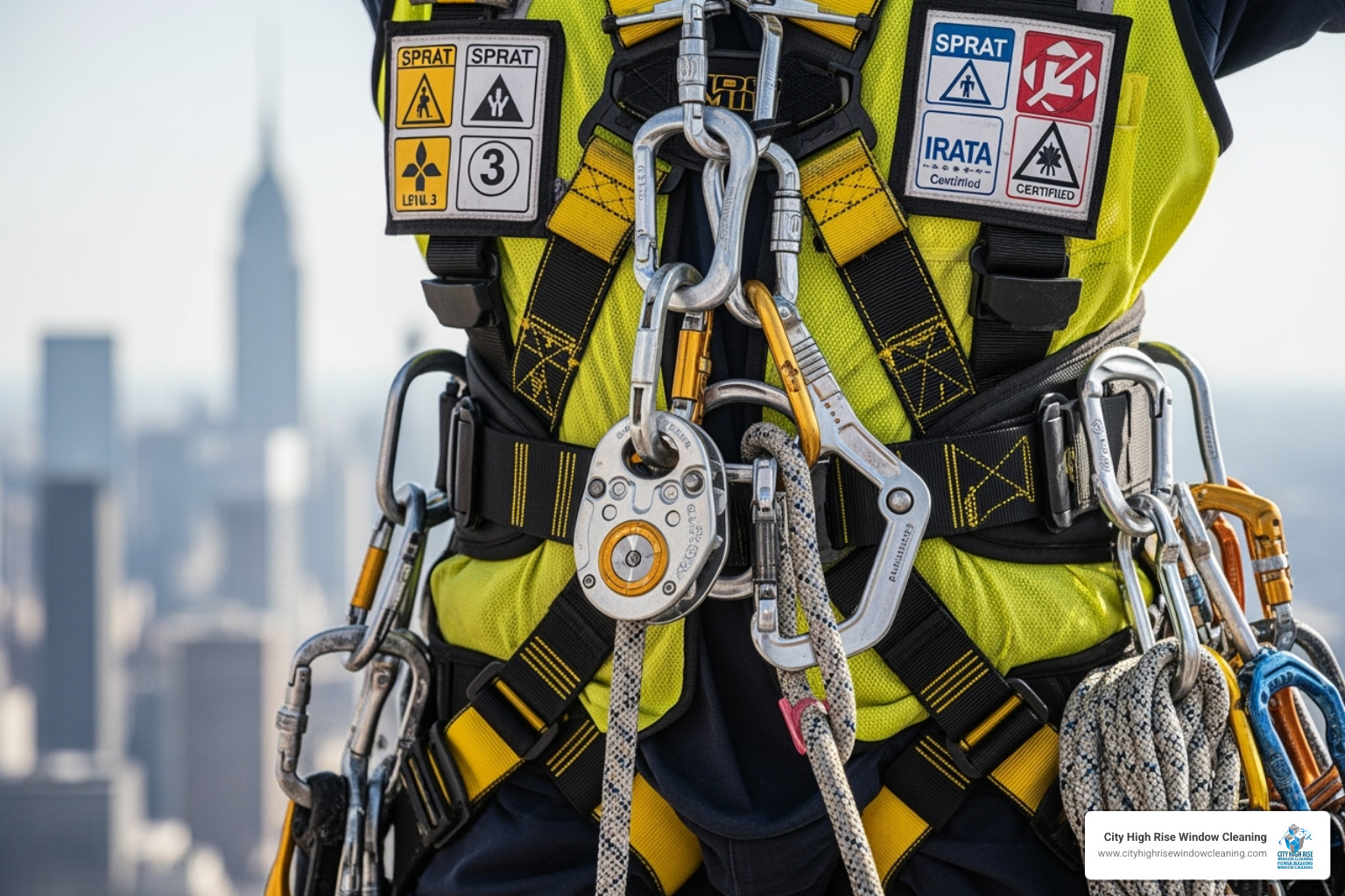 Technician's safety harness and rope access gear, with certification badges. Alt text: "High-rise painting safety certifications NYC." - high-rise painting Technician's safety harness and rope access gear, with certification badges. Alt text: "High-rise painting safety certifications NYC." - high-rise painting
