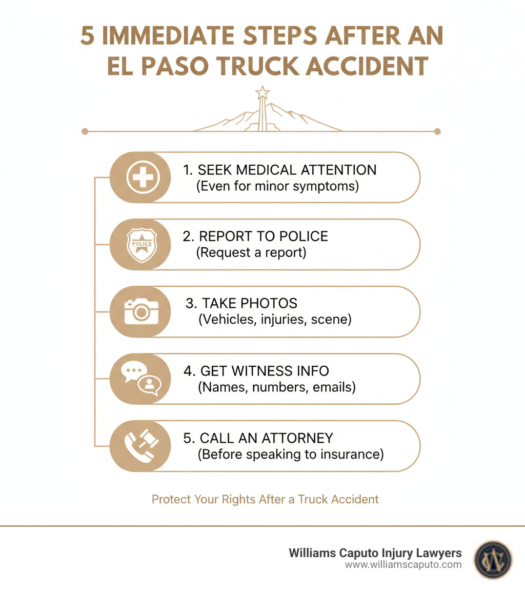 infographic showing the 5 immediate steps after an El Paso truck accident: 1. Seek medical attention even for minor symptoms, 2. Report the accident to police and request a report, 3. Take photos of vehicles, injuries, and scene, 4. Get witness contact information, 5. Call an attorney before speaking to insurance companies - el paso truck accident lawsuit infographic 