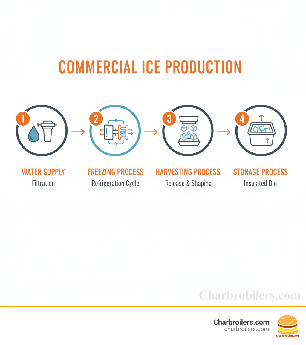 Infographic showing the 4 fundamental steps of commercial ice production: Step 1 - Water Supply with filtration, Step 2 - Freezing Process using refrigeration cycle with compressor and evaporator, Step 3 - Harvesting Process where ice is released and shaped, Step 4 - Storage Process in insulated bin with overflow protection - commercial ice production infographic 