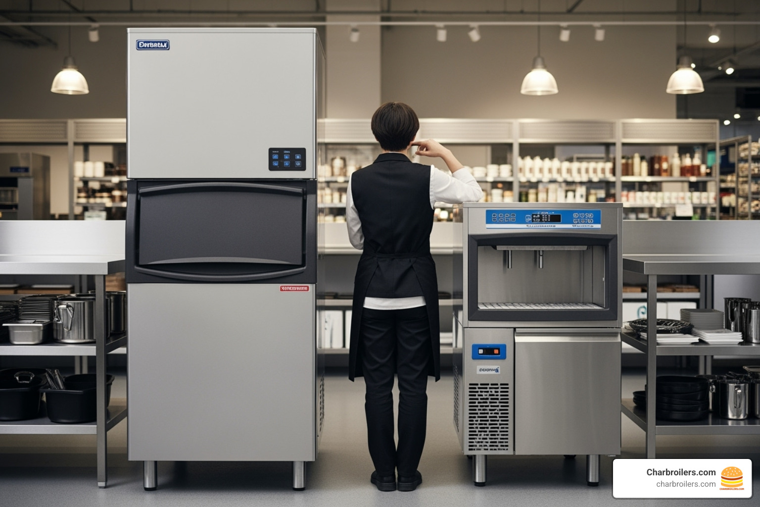 person comparing two different-sized ice machines - commercial ice production