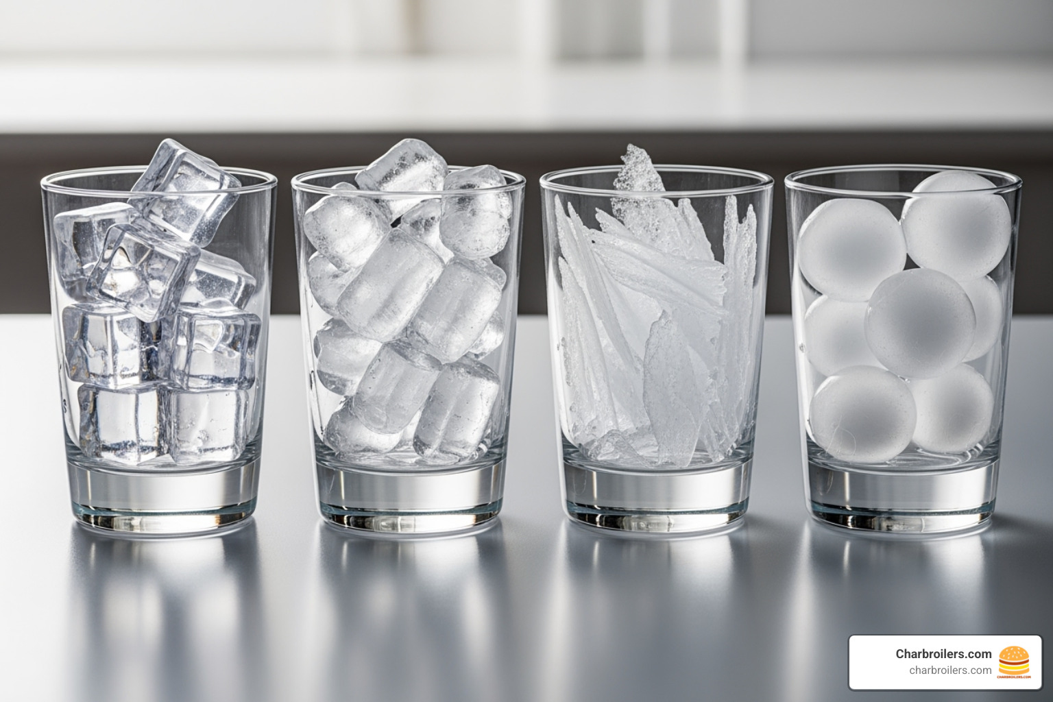 different ice types (cube, nugget, flake, sphere) in glasses - commercial ice production