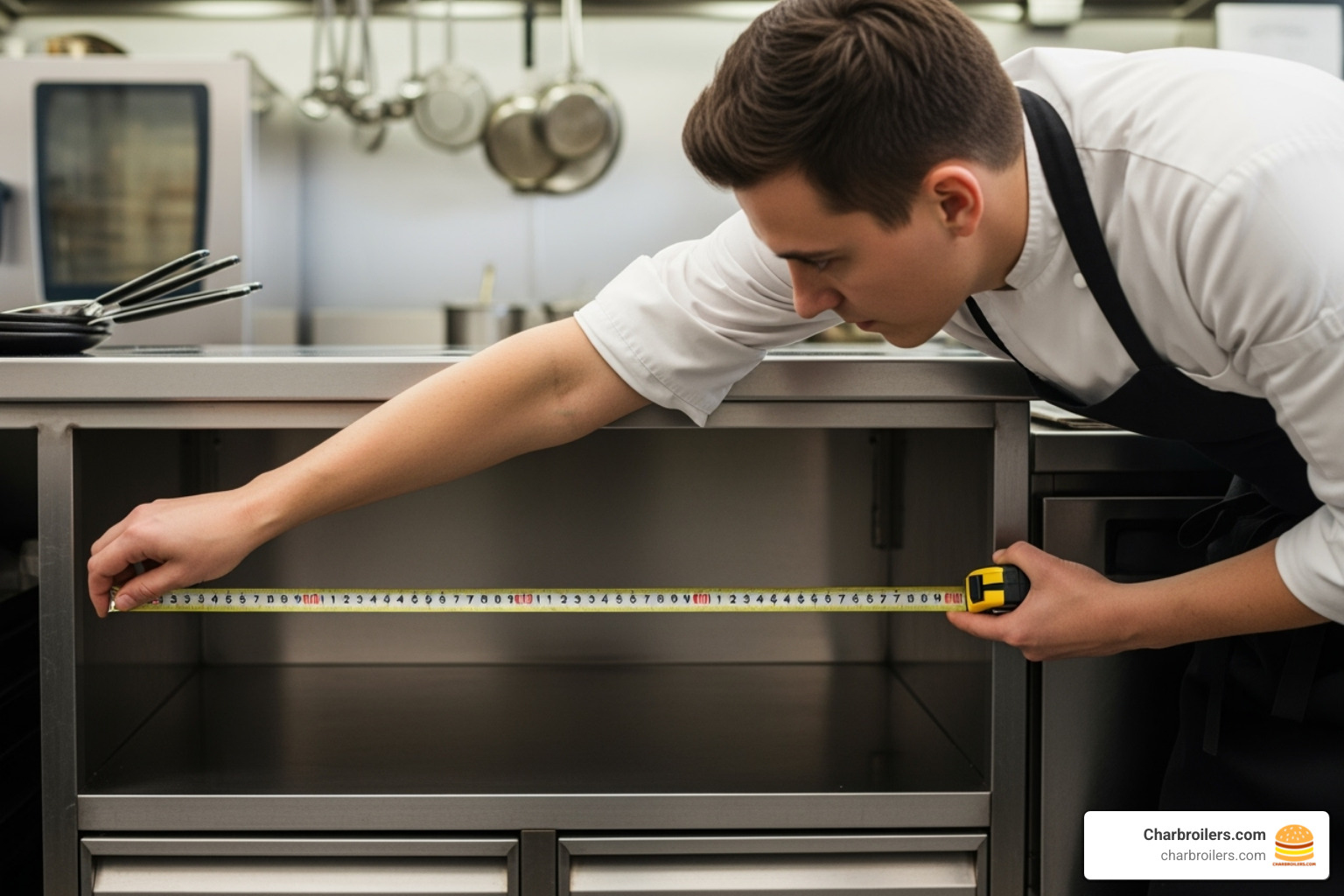 person measuring space under a counter - commercial undercounter refrigerator
