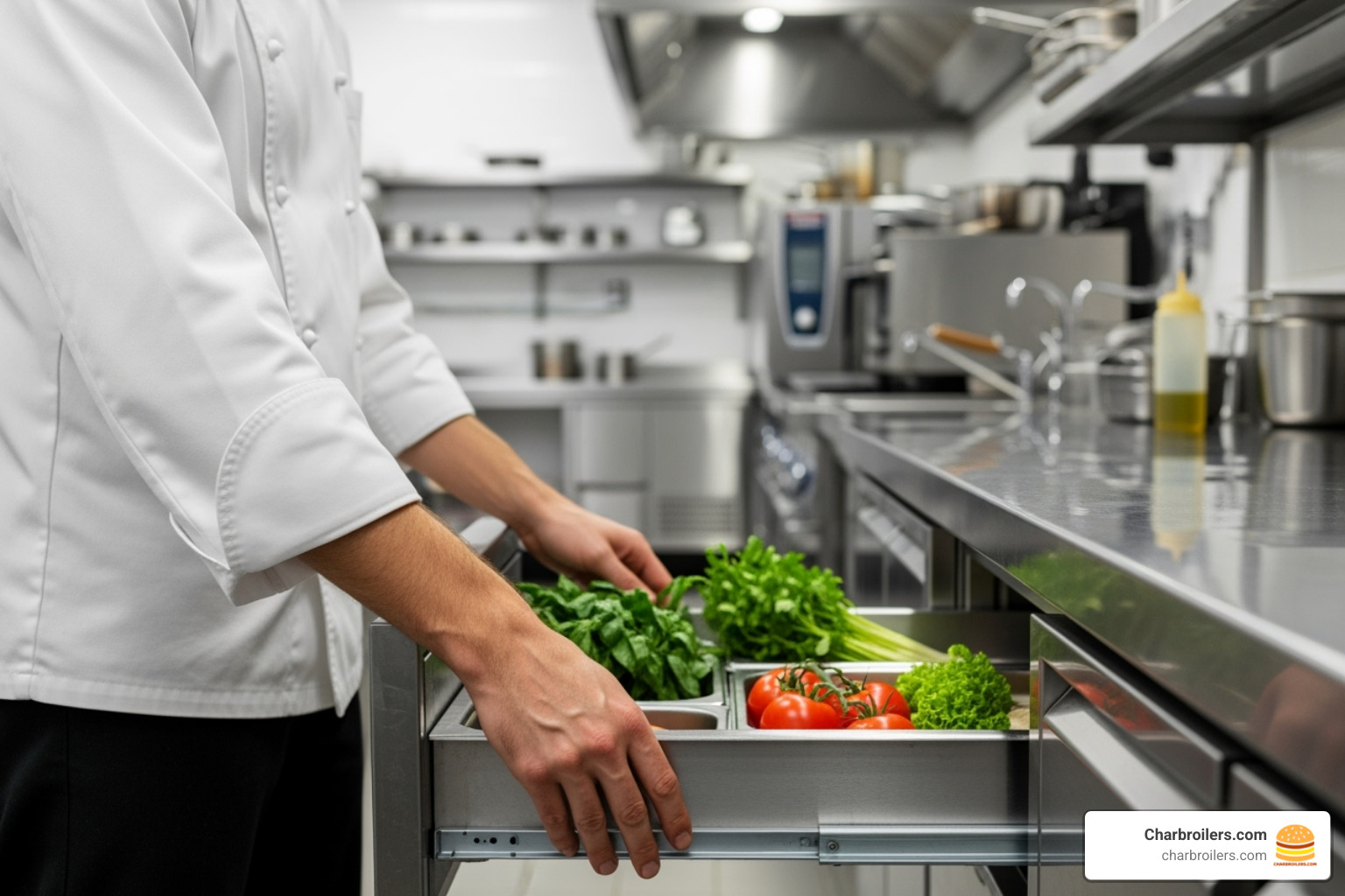 chef accessing ingredients from undercounter drawer refrigerator - commercial undercounter refrigerator