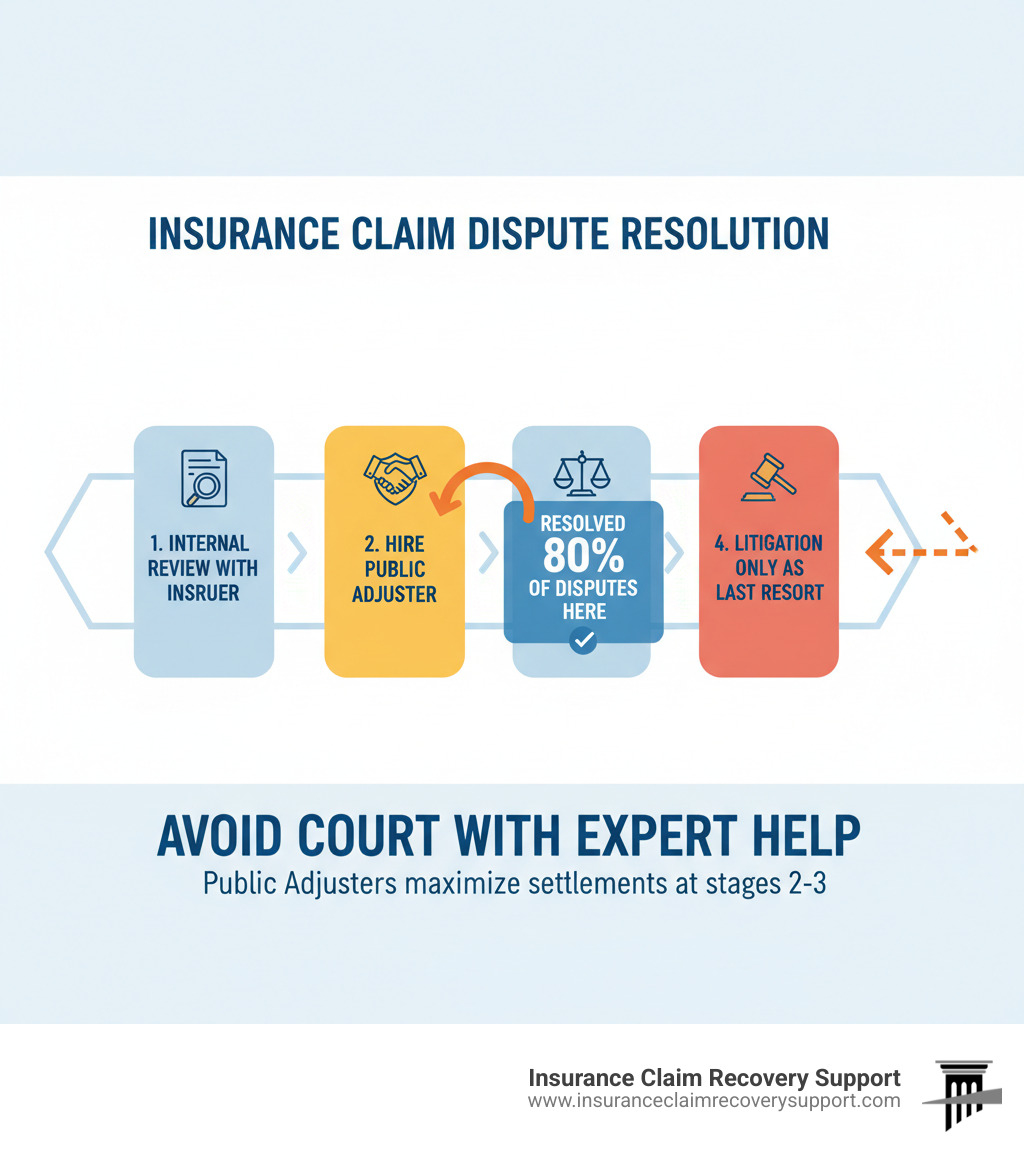 infographic showing the insurance claim dispute resolution process: 1. Internal Review with Insurer 2. Hire Public Adjuster for Professional Representation 3. Appraisal or Mediation (ADR) 4. Litigation Only as Last Resort, with emphasis on how public adjusters help resolve 80% of disputes at stage 2-3, avoiding court - Insurance claim dispute infographic 