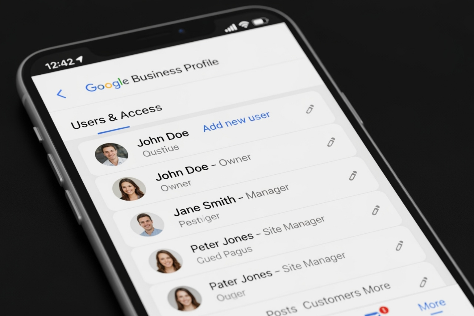 Screenshot of the Google Business Profile mobile app interface showing user management - how to add someone to manage google my business