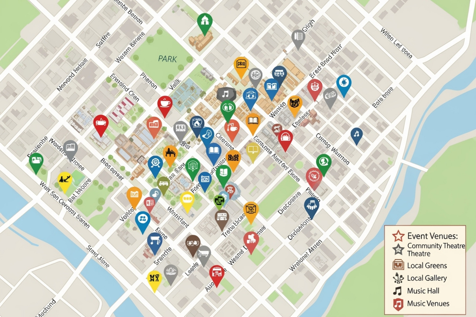 Local map with pins on businesses and event locations - inbound links seo