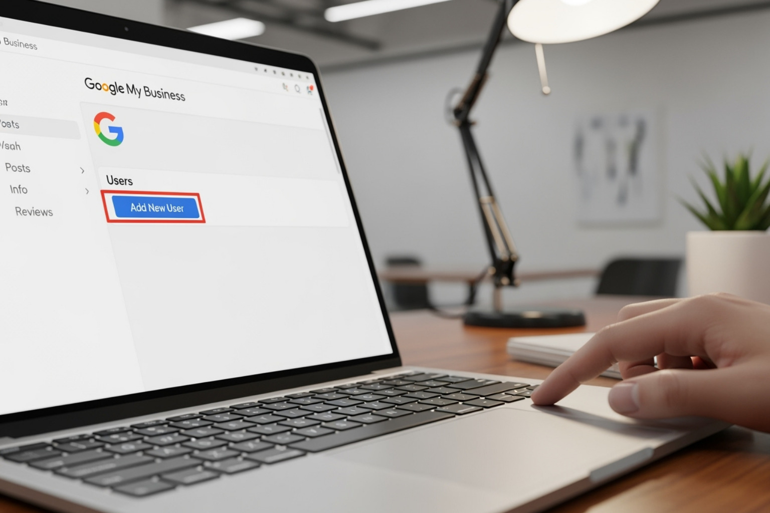 Screenshot highlighting the 'Add' button in the Google Business Profile user settings - how to add someone to manage google my business