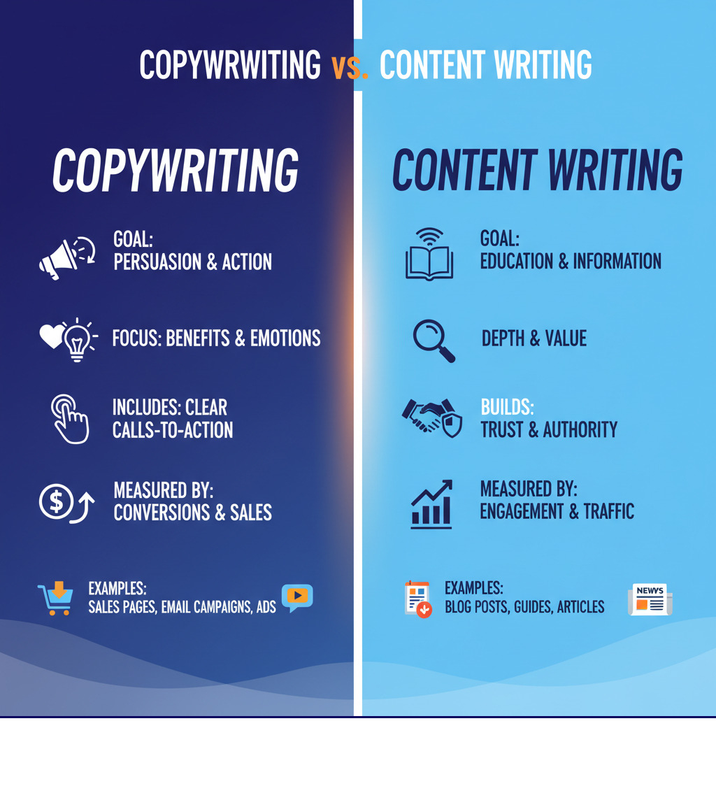 Infographic showing the key differences between copywriting and content writing. Copywriting side shows: goal is persuasion and action, focuses on benefits and emotions, includes clear calls-to-action, measured by conversions and sales, examples include sales pages, email campaigns, and ads. Content writing side shows: goal is education and information, focuses on depth and value, builds trust and authority, measured by engagement and traffic, examples include blog posts, guides, and articles. - copywriting for businesses infographic 