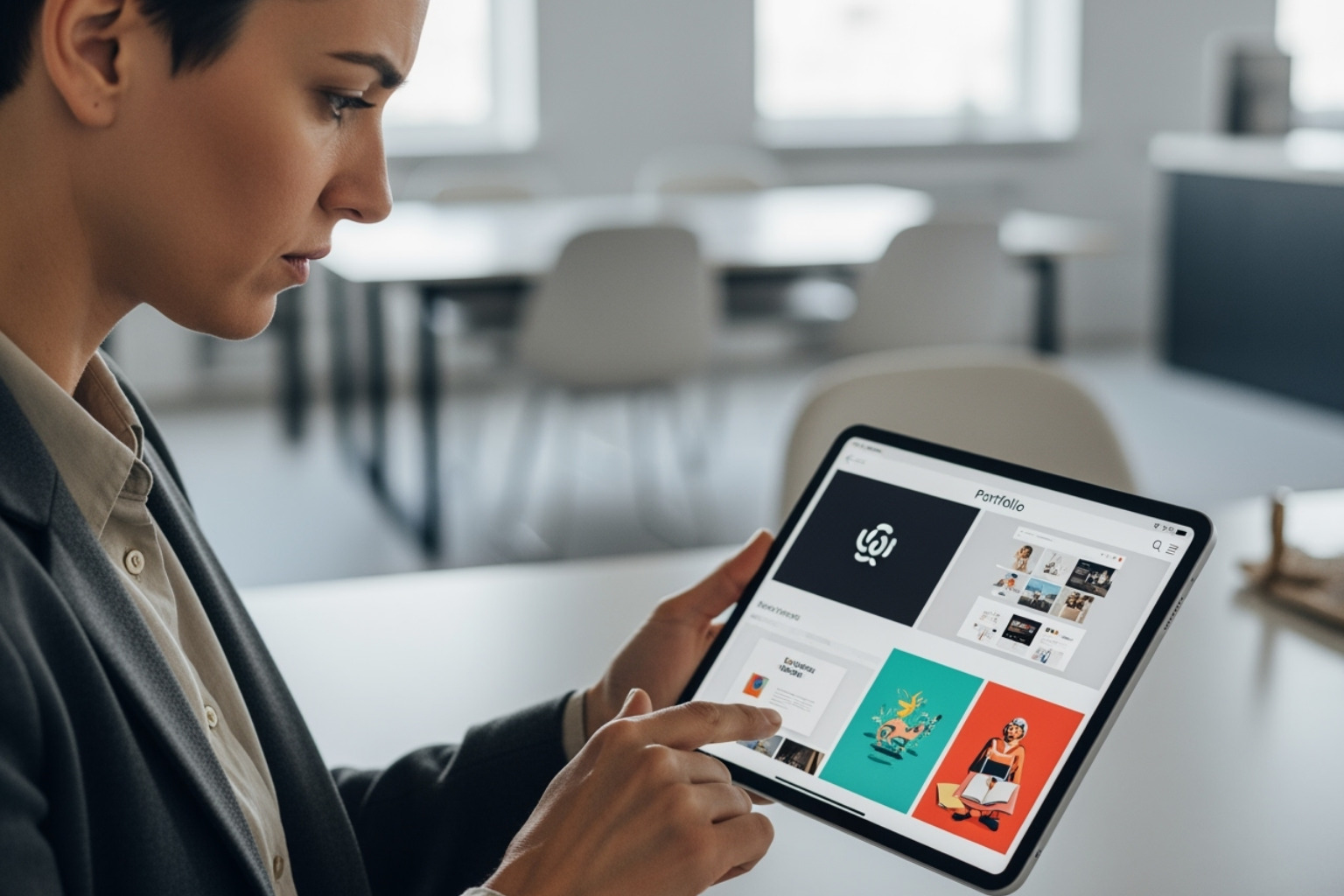 person reviewing portfolio on tablet - SEO copywriting services