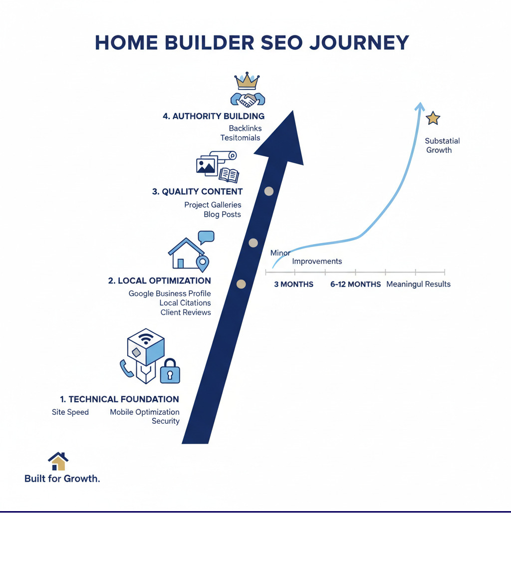Infographic showing the SEO journey for home builders: Starting with technical foundation (site speed, mobile optimization, security), building up through local optimization (Google Business Profile, local citations, reviews), adding quality content (project galleries, service pages, blog posts), and culminating in authority building (backlinks, partnerships, testimonials). Timeline shows minor improvements in 3 months, meaningful results in 6-12 months, and substantial growth by year 2-3. - seo for homebuilders infographic 