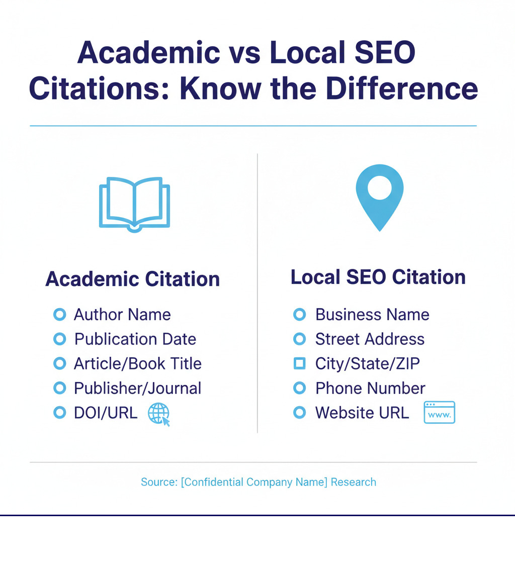 Infographic showing two columns: Academic Citation (left) lists Author Name, Publication Date, Article/Book Title, Publisher/Journal, and DOI/URL. Local SEO Citation (right) lists Business Name, Street Address, City/State/ZIP, Phone Number, and Website URL. Header text reads "Academic vs Local SEO Citations: Know the Difference" - citation finder infographic 