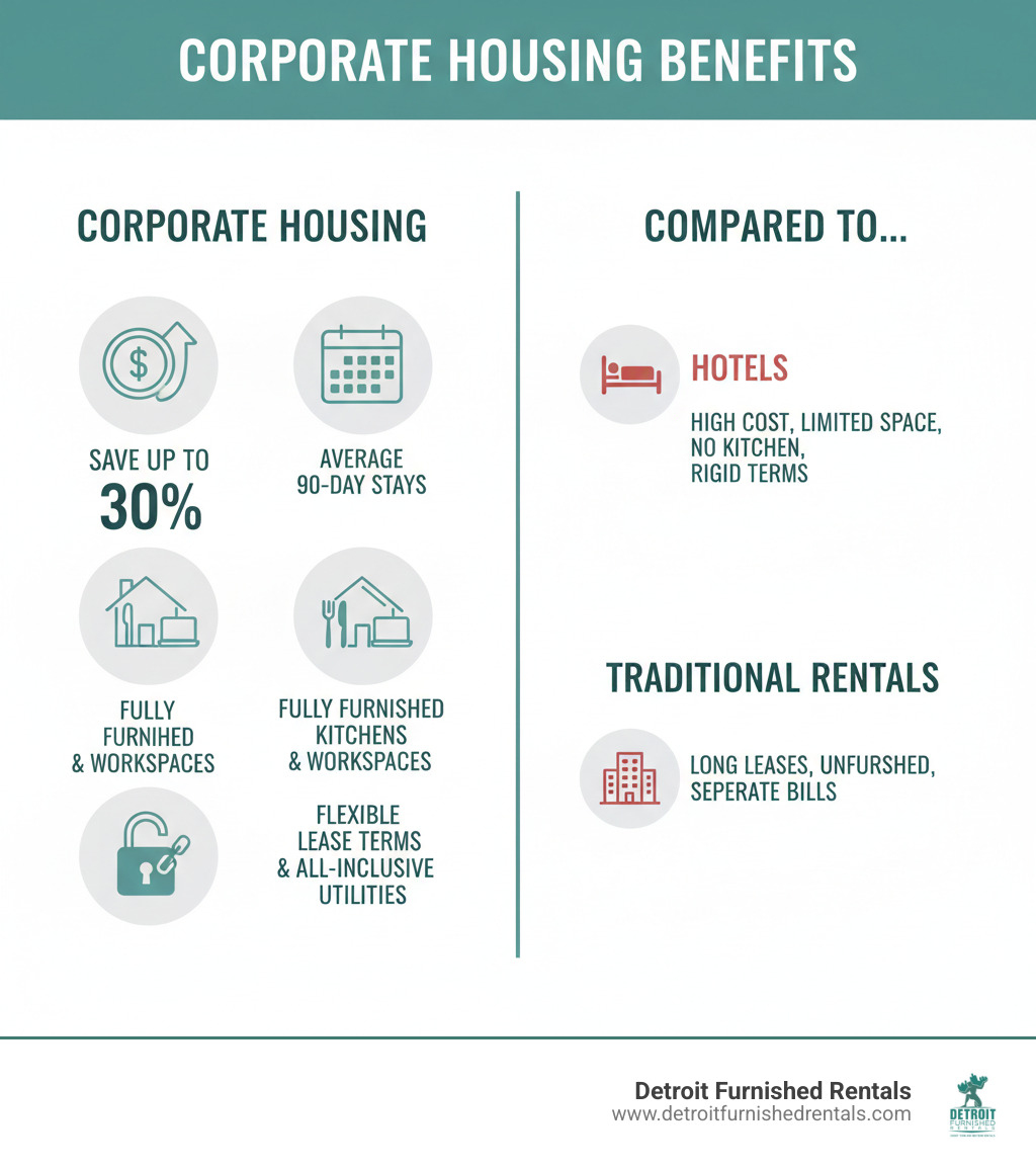 infographic showing corporate housing benefits including cost savings up to 30 percent, average 90 day stays, fully furnished amenities like kitchens and workspaces, flexible lease terms, and all-inclusive utilities compared to hotels and traditional rentals - corporate leasing apartments infographic 