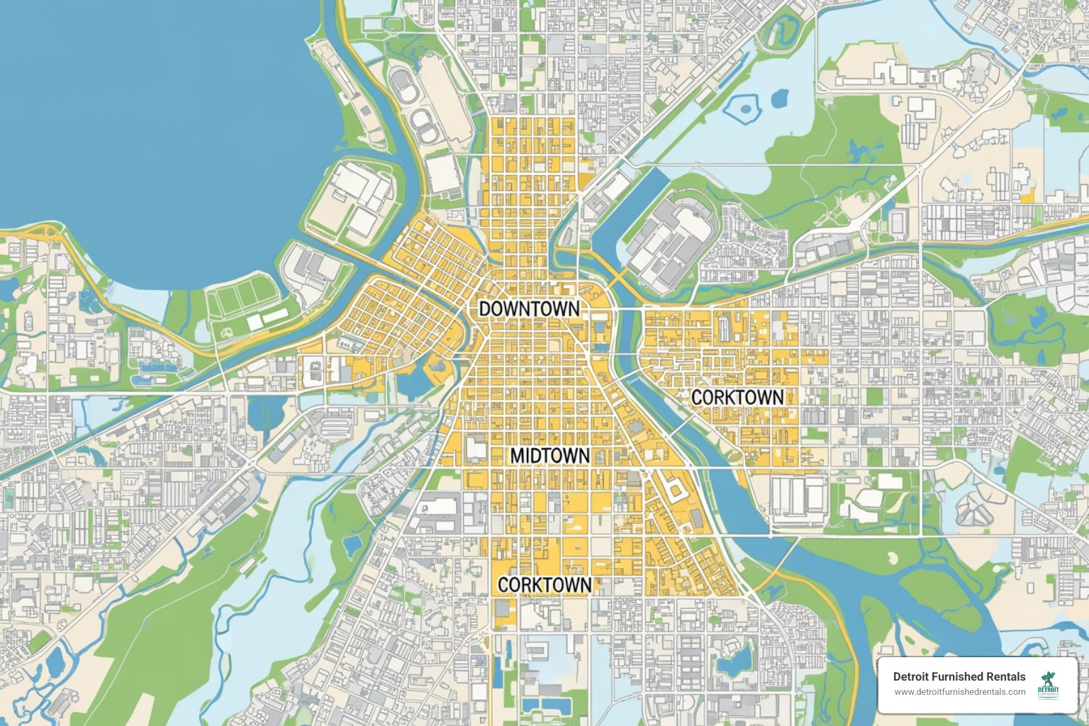 map of Detroit highlighting key business districts like Downtown, Midtown, and Corktown - corporate leasing apartments