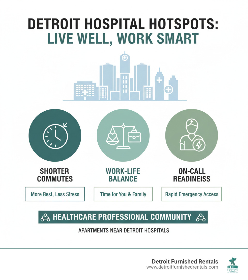 Infographic explaining the top 3 benefits of living near a hospital for medical staff: shorter commutes, better work-life balance, and on-call readiness; Reduced commute times; On-call convenience; Work-life balance; Emergency access; Healthcare professional community - apartments near Detroit hospitals infographic 