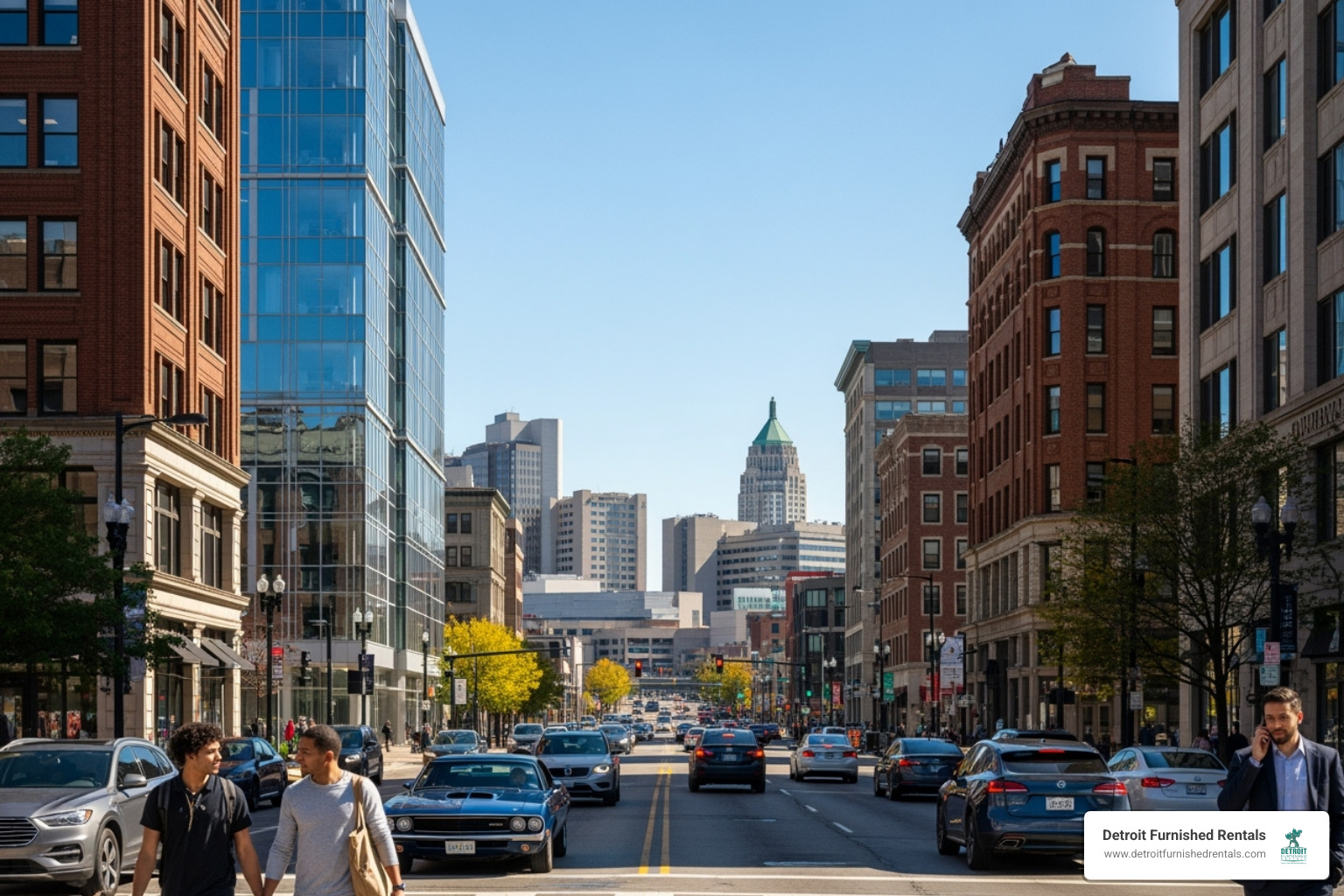 Midtown Detroit street scene with the Detroit Medical Center campus in the background - apartments near Detroit hospitals