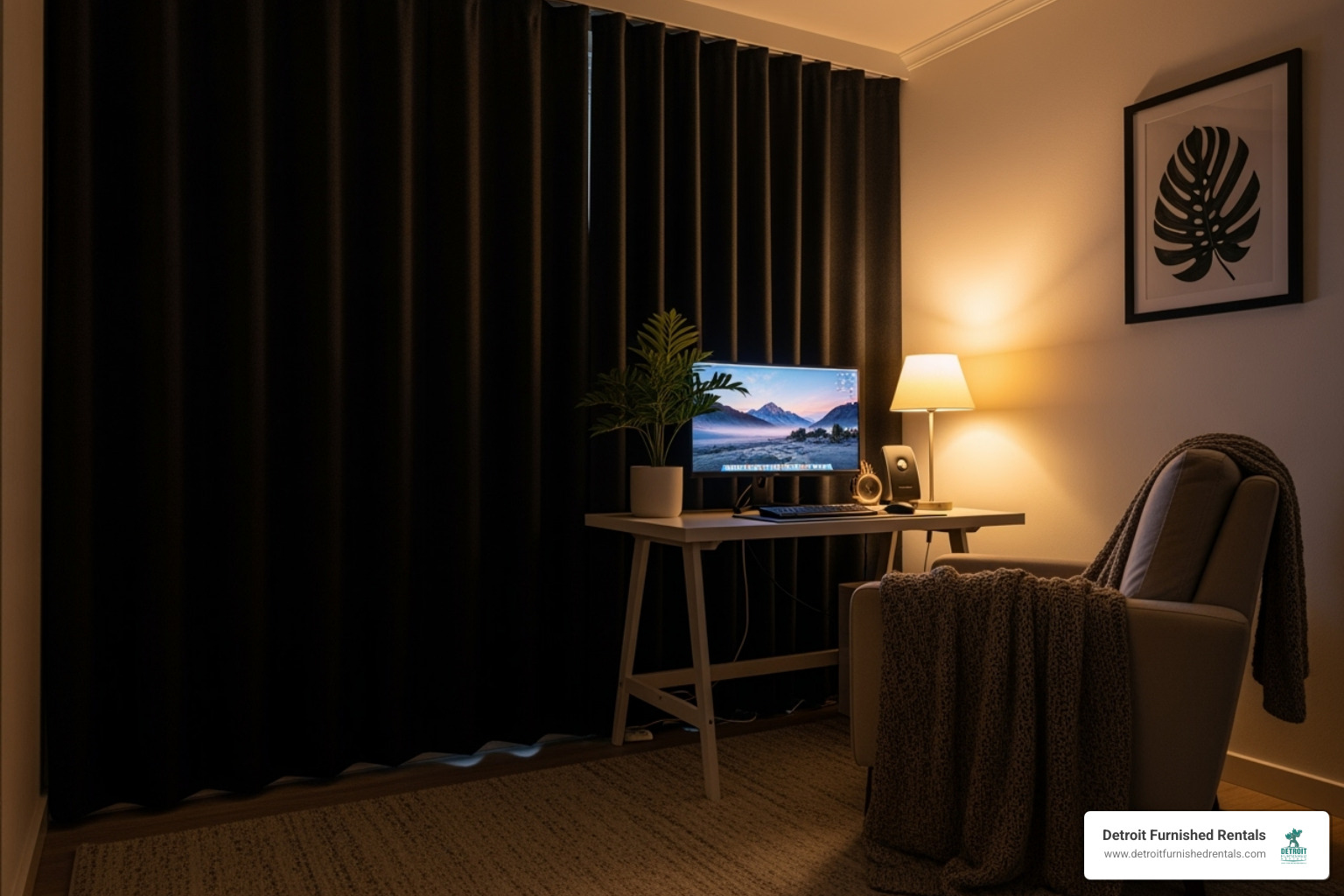 A tranquil apartment interior with blackout curtains drawn, a dedicated desk with a computer, and a comfortable armchair, emphasizing quiet and comfort - apartments near Detroit hospitals