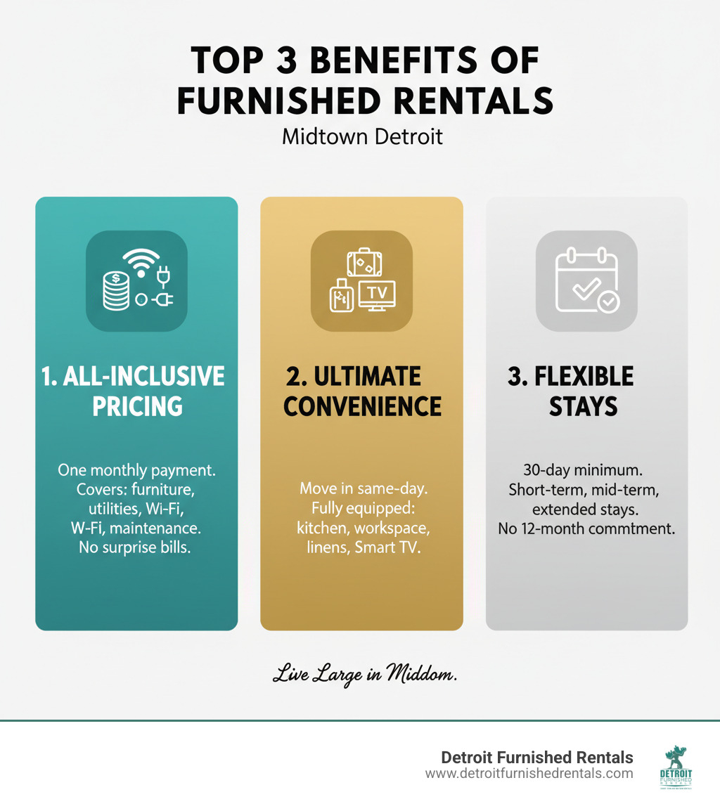Infographic showing the top 3 benefits of furnished rentals in Midtown Detroit: 1) All-Inclusive Pricing - one monthly payment covers furniture, utilities, Wi-Fi, and maintenance with no surprise bills; 2) Ultimate Convenience - move in same-day with fully equipped kitchens, workspaces, linens, and Smart TVs already set up; 3) Flexible Stays - 30-day minimum with options for short-term, mid-term, and extended stays without 12-month commitments - Furnished apartments midtown Detroit infographic 