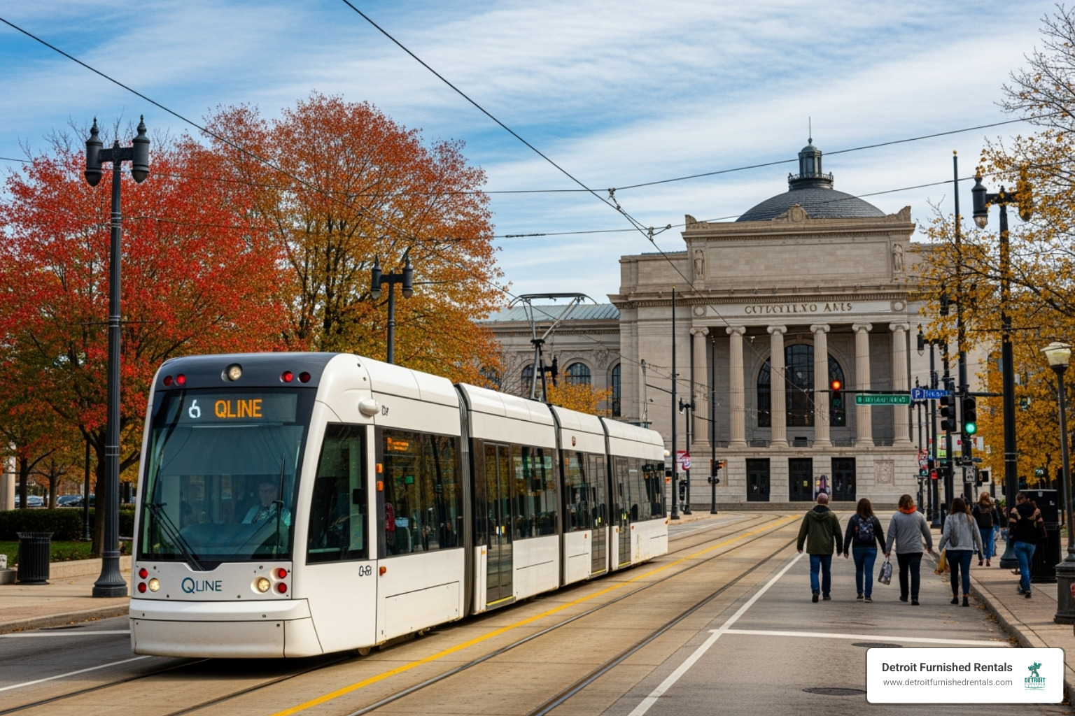 QLine streetcar traveling down Woodward Avenue in Midtown Detroit with people walking near the Detroit Institute of Arts. - Furnished apartments midtown Detroit
