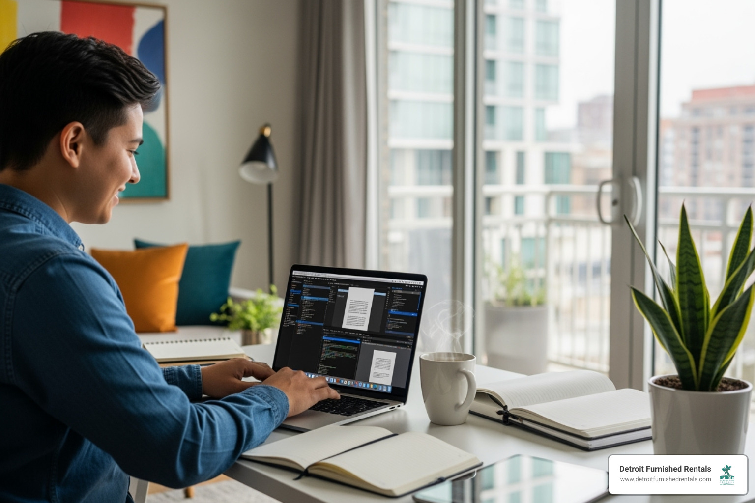 A person happily working on a laptop in a dedicated workspace within a modern furnished apartment. - Furnished apartments midtown Detroit