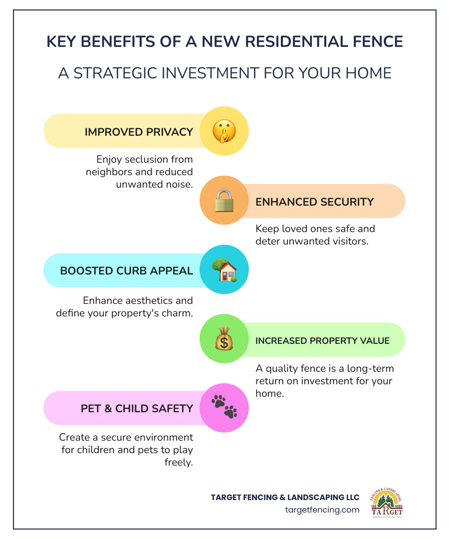 Infographic showing the key benefits of a new residential fence: Privacy (seclusion from neighbors and reduced noise), Security (keeping children and pets safe, deterring intruders), Curb Appeal (enhancing property aesthetics and defining boundaries), and Property Value (increasing home resale value and return on investment) - residential fencing companies infographic infographic-line-5-steps-colors