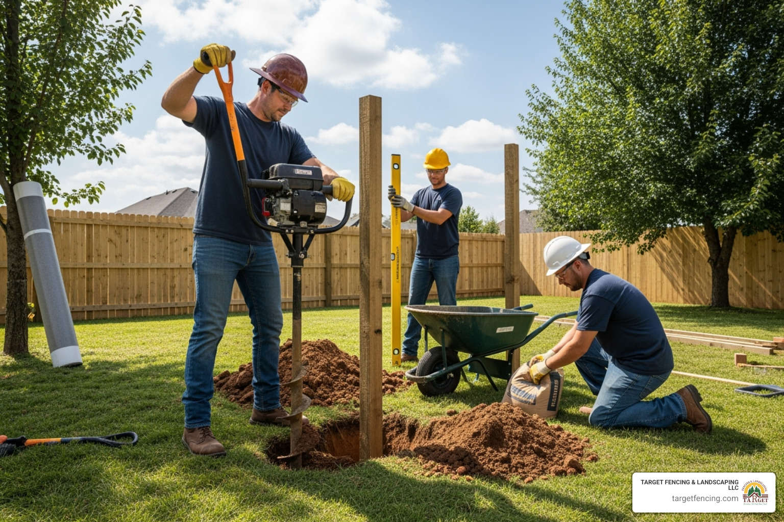 professional crew installing fence post - residential fencing companies