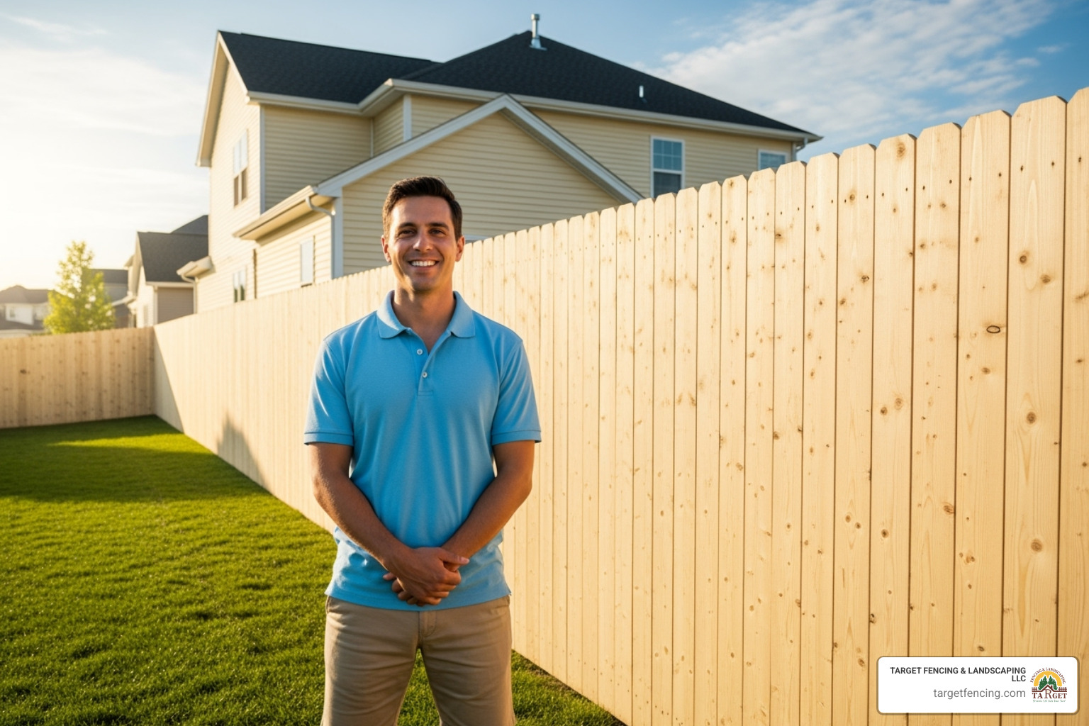 happy homeowner with new fence - residential fencing companies