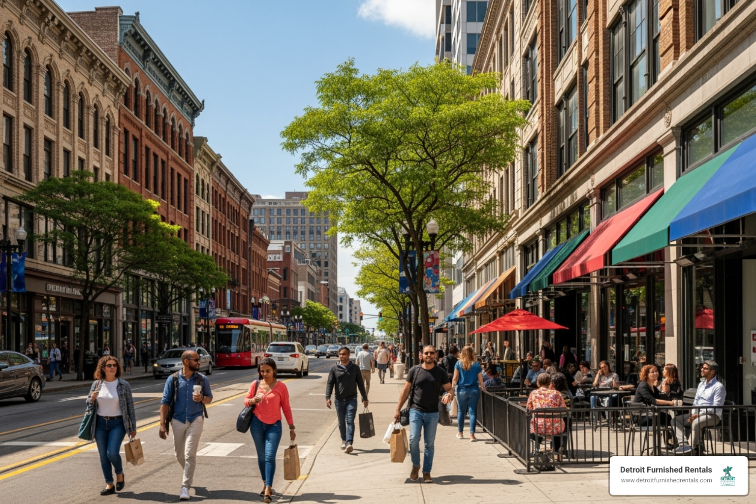 A vibrant street in Midtown Detroit with shops and people walking - Intern housing Detroit