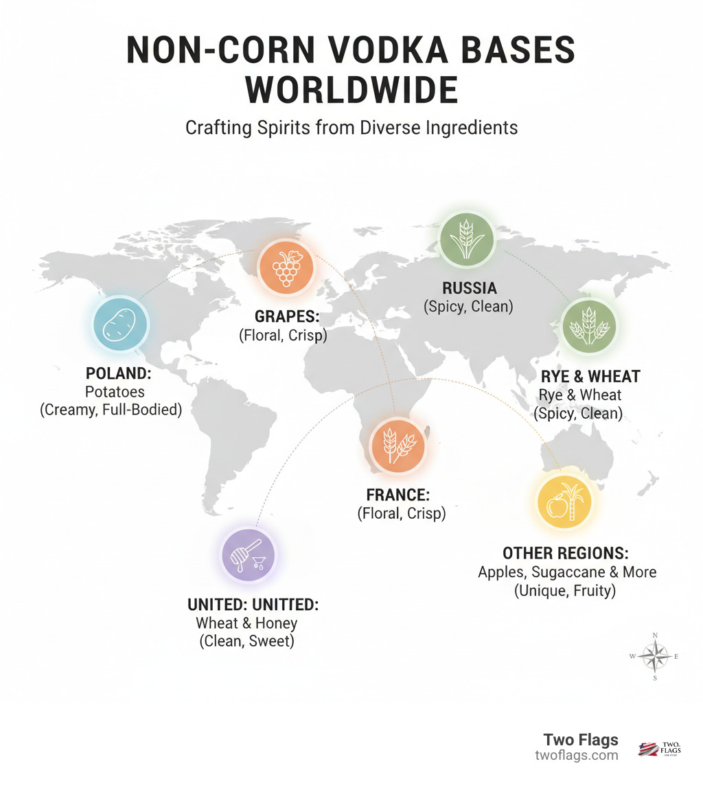 infographic showing a world map with pins marking different regions and their signature non-corn vodka bases: Poland with potatoes, France with grapes, Russia with rye and wheat, United States with wheat and honey, and other regions with their unique bases like apples and sugarcane - vodka not made from corn infographic 