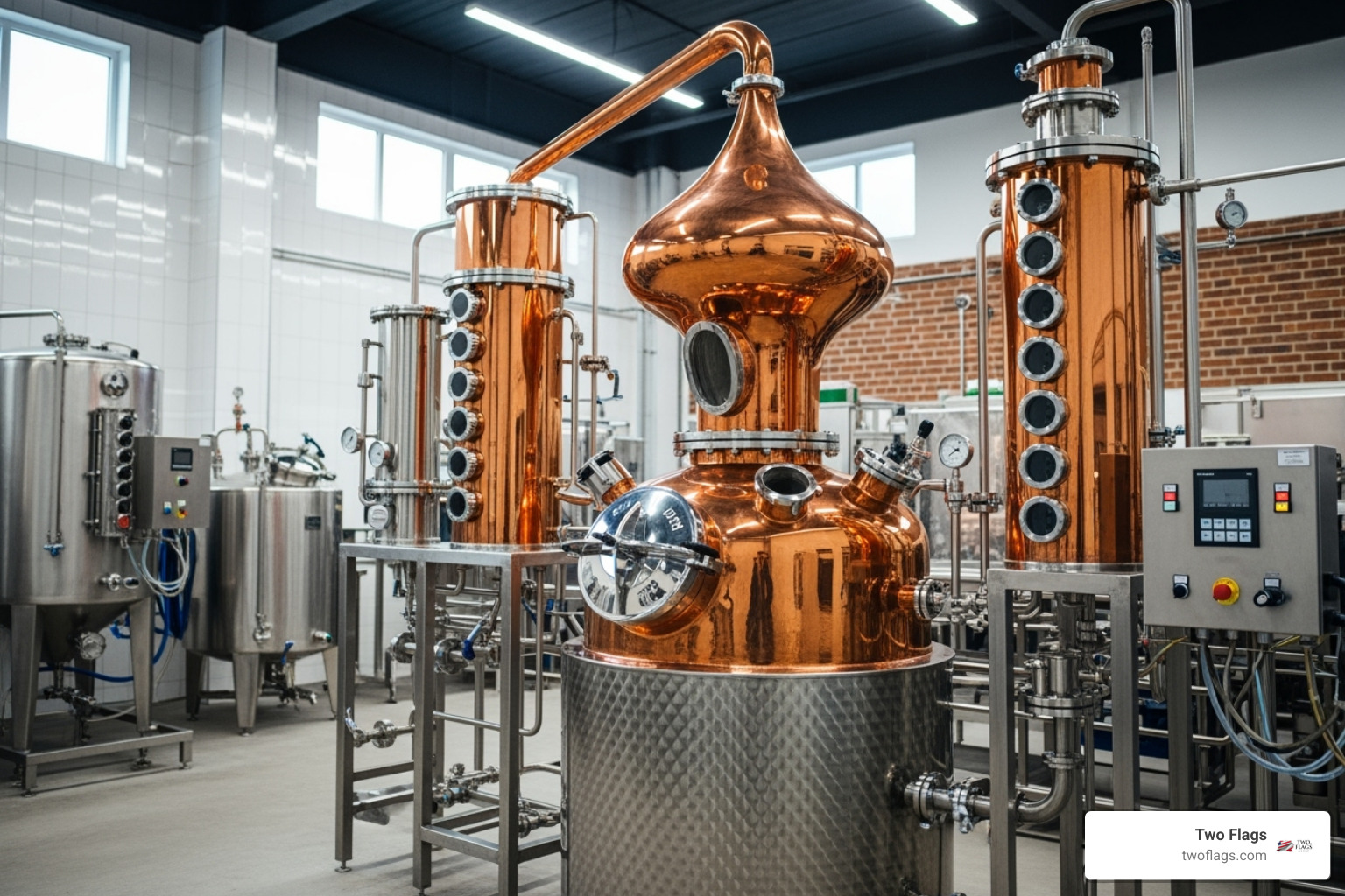 copper pot still in a clean, modern distillery - vodka not made from corn