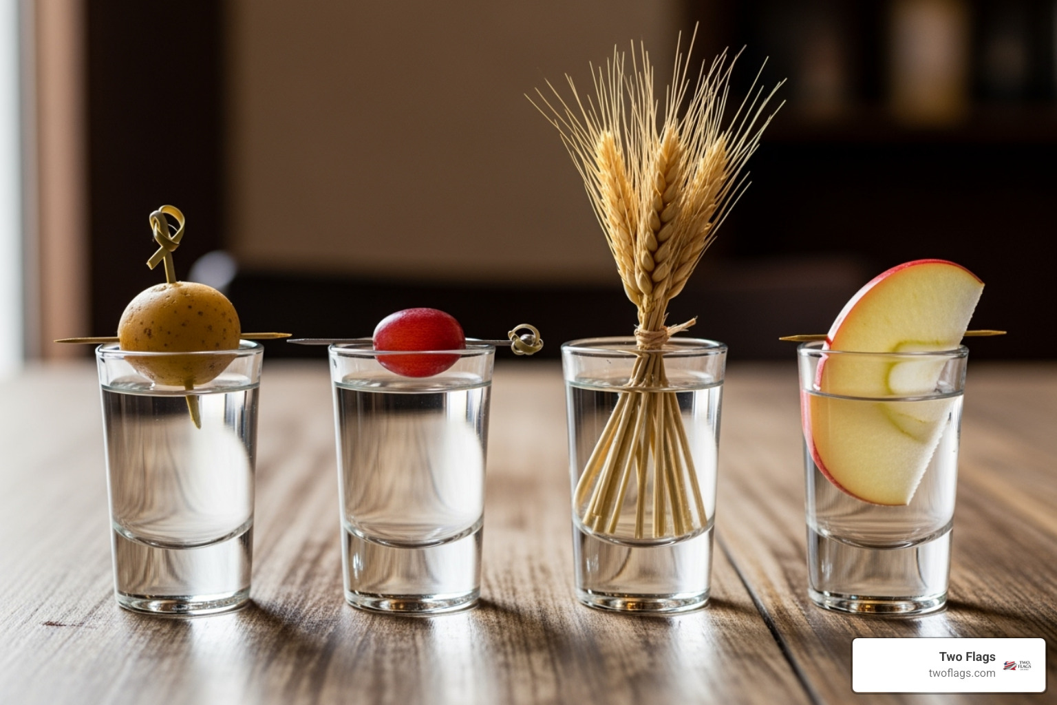 four distinct shot glasses, each containing a clear liquid and garnished with its base ingredient (a small potato, a grape, a stalk of wheat, an apple slice) - vodka not made from corn