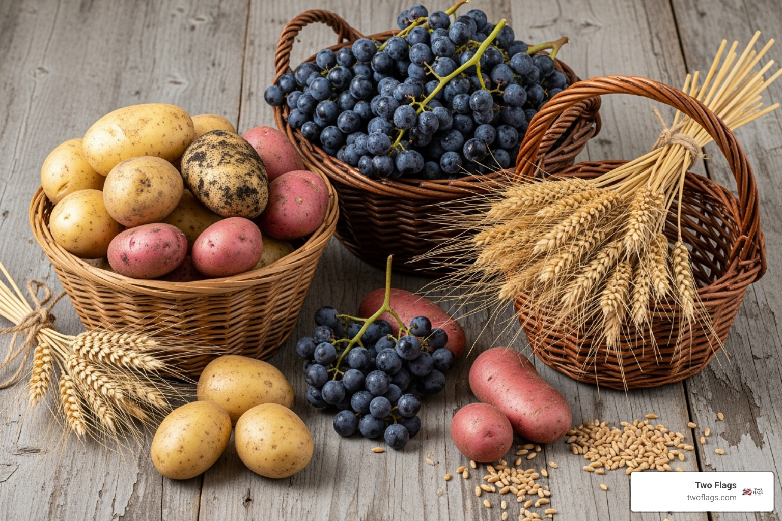 various raw ingredients like potatoes, grapes, and wheat in rustic baskets - vodka not made from corn