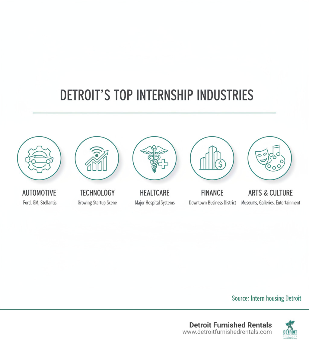 Infographic showing Detroit's top internship industries: Automotive (Ford, GM, Stellantis), Technology (growing startup scene), Healthcare (major hospital systems), Finance (downtown business district), and Arts & Culture (museums, galleries, entertainment venues) - Intern housing Detroit infographic 