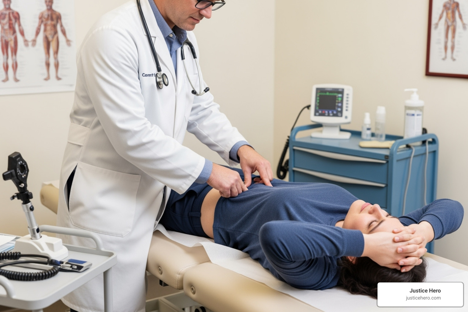 illustration of a doctor performing the Carnett's test on a patient - Abdominal wall pain illustration of a doctor performing the Carnett's test on a patient - Abdominal wall pain