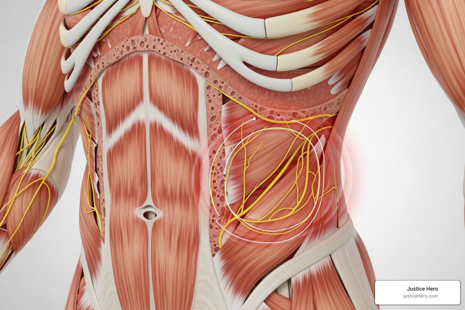 illustration of the path of an entrapped anterior cutaneous nerve - Abdominal wall pain illustration of the path of an entrapped anterior cutaneous nerve - Abdominal wall pain