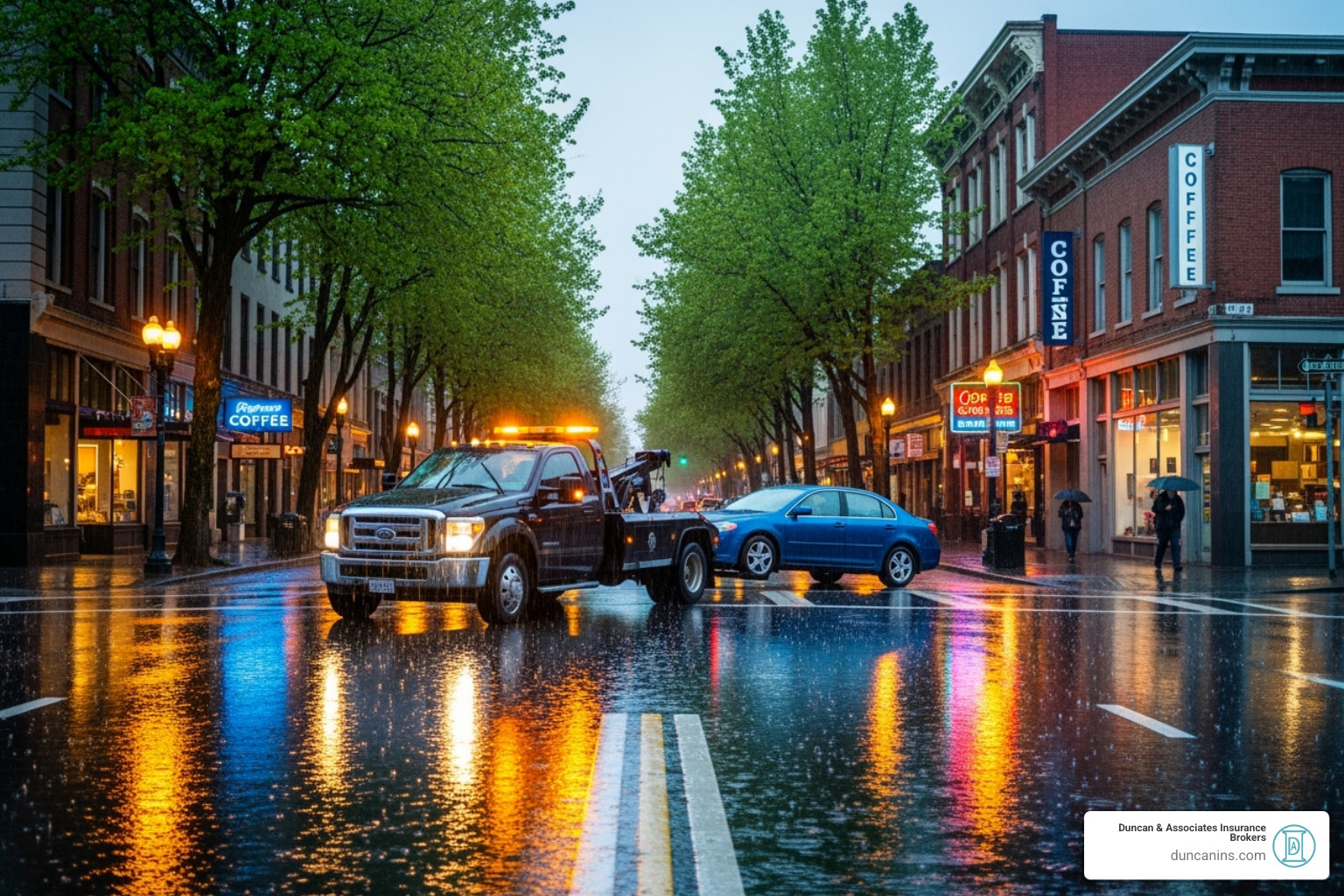 Image of a car being towed on a rainy Olympia day - auto insurance in olympia wa